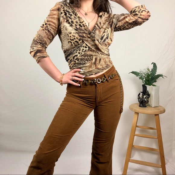 1990s leopard print cross front micromesh blouse - Picture 2 of 6